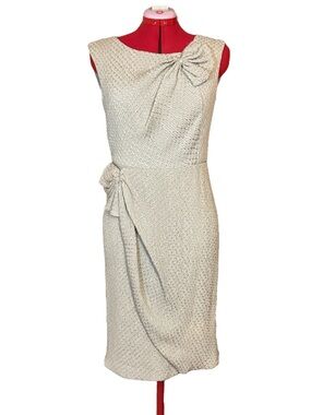 Armani Collezioni Ivory Cream Silk and Cotton Textured Bow Sheath Dress Size 8